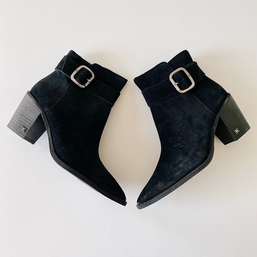 ✨New SAM EDELMAN Leonia Buckle Suede Heel Booties - Picture 3 of 8